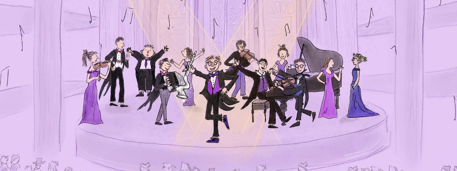 An illustration of a group of people dancing in dresses and tuxedos playing various instruments including a piano, violins and trumpet on a purple backdrop