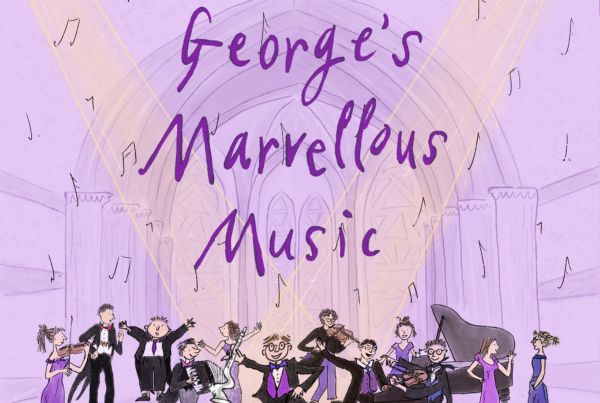 An illustration of a group of people dancing in dresses and tuxedos playing various instruments including a piano, violins and trumpet on a purple backdrop