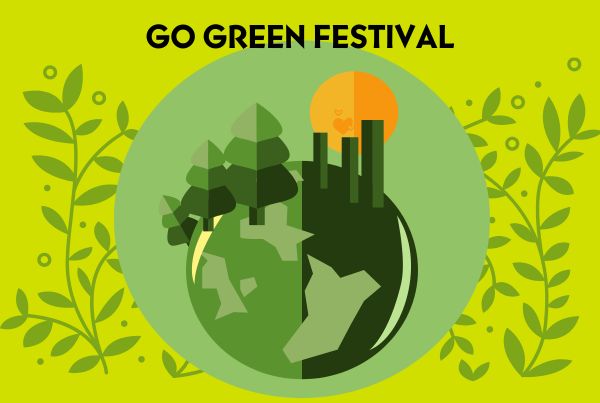 A green poster with text Go Green Festival and a picture of a green globe with trees.
